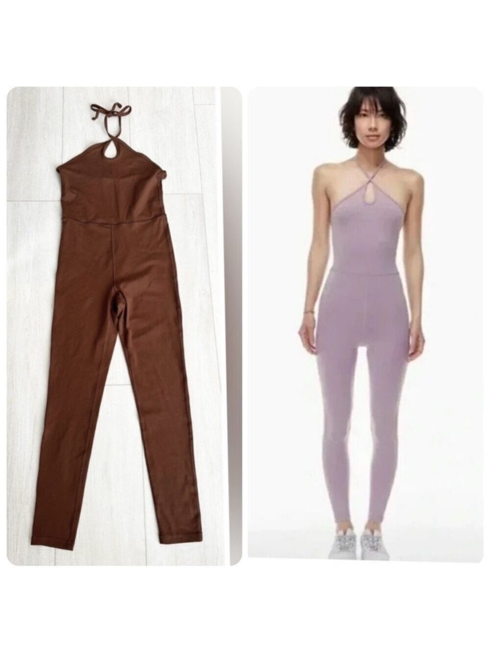 Aritzia Wilfred Free Ivy Halter Jumpsuit Cognac Brown Stretchy Size XS Like New